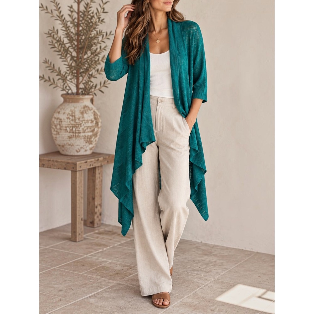 EILEEN FISHER Teal Linen Silk Handkerchief Hem 3/4 Sleeve Cardigan Sweater